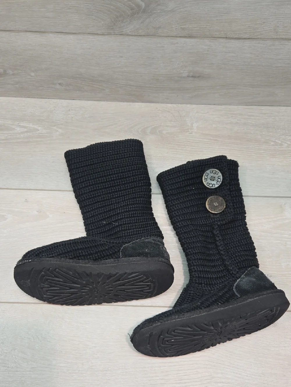 UGG Australia Kids 5649 Girl Black Knit Tall Button Side Boots Shoes Sz 11